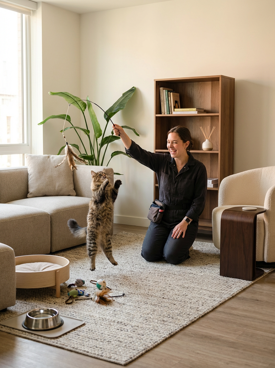 A woman kneeling on a beige rug in a living room, playing with a jumping tabby cat using a feather toy on a string. The room has a beige sofa, a large green potted plant, a wooden bookshelf with books and decorative items, a window letting in natural light, and some pet toys on the floor near a metal pet food bowl.