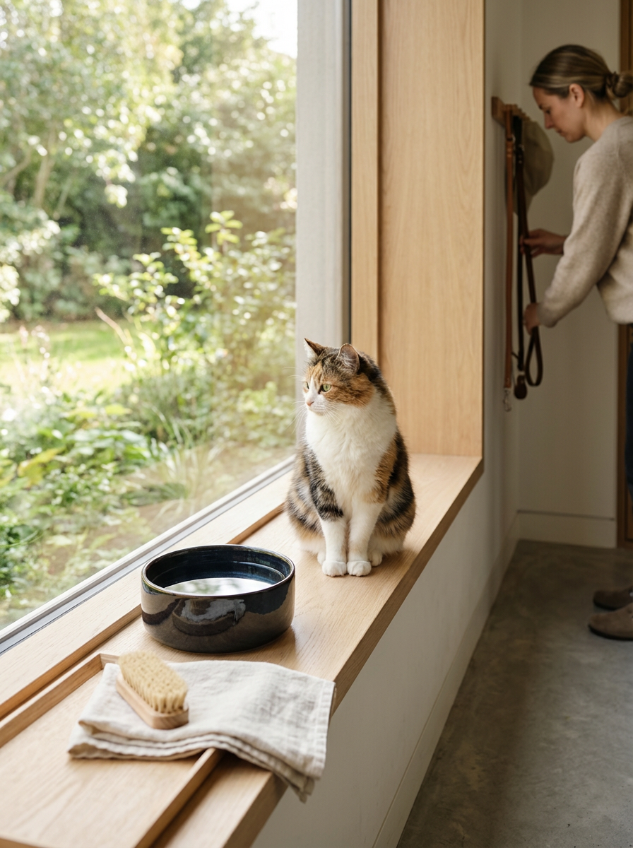 A calico cat sitting on a window sill next to a black bowl, with a brush and cloth nearby, looking outside.