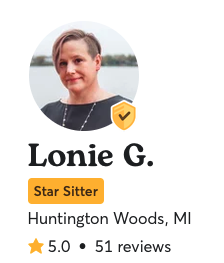 Profile picture of a woman with short hair. Includes Rover Star Sitter badge and review info for 'Lonie G., Star Sitter, Huntington Woods, MI, 5.0 stars from 51 reviews.'