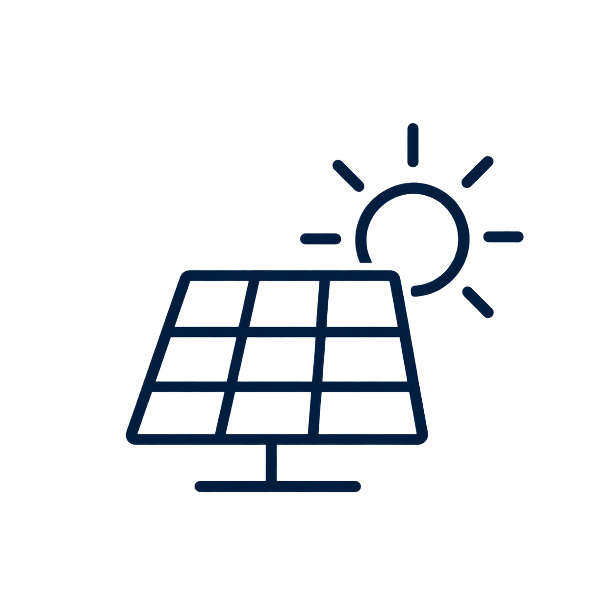 Line drawing of a solar panel with the sun shining and rays of sunlight directed at the panel.