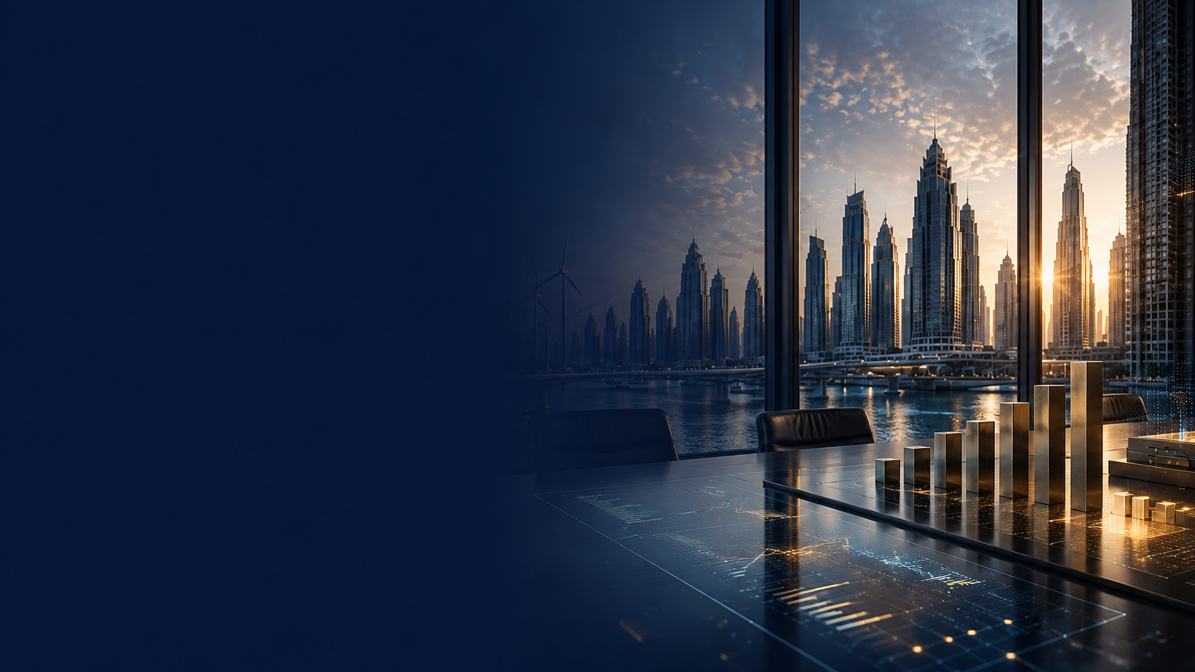 Modern skyline and gold investment chart in CSP navy and gold