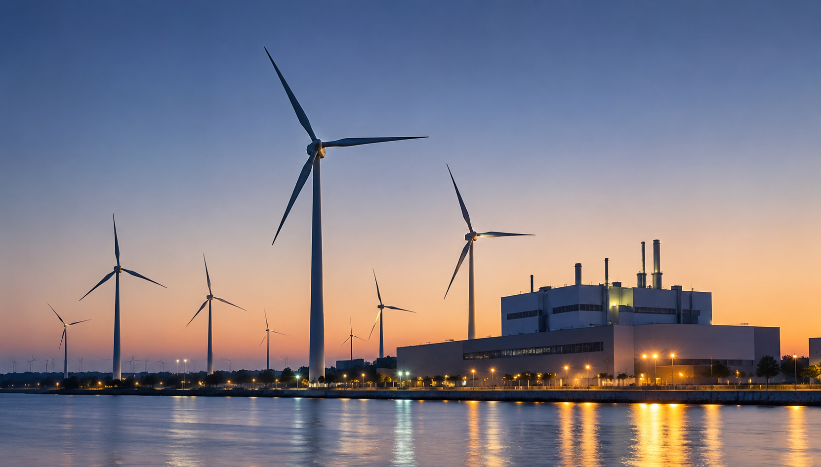 Wind turbines along a waterfront at sunset with a large industrial building in the background.