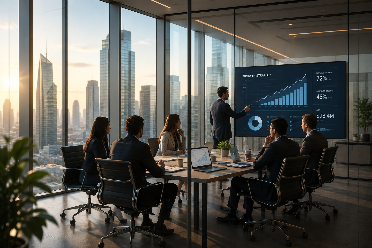 Leadership team reviewing business performance
