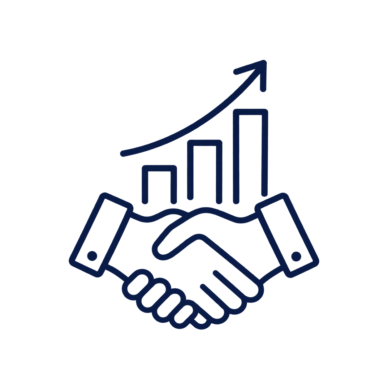 Line drawing of a handshake with upward trending bar graph and arrow above, symbolizing business growth or successful partnership.
