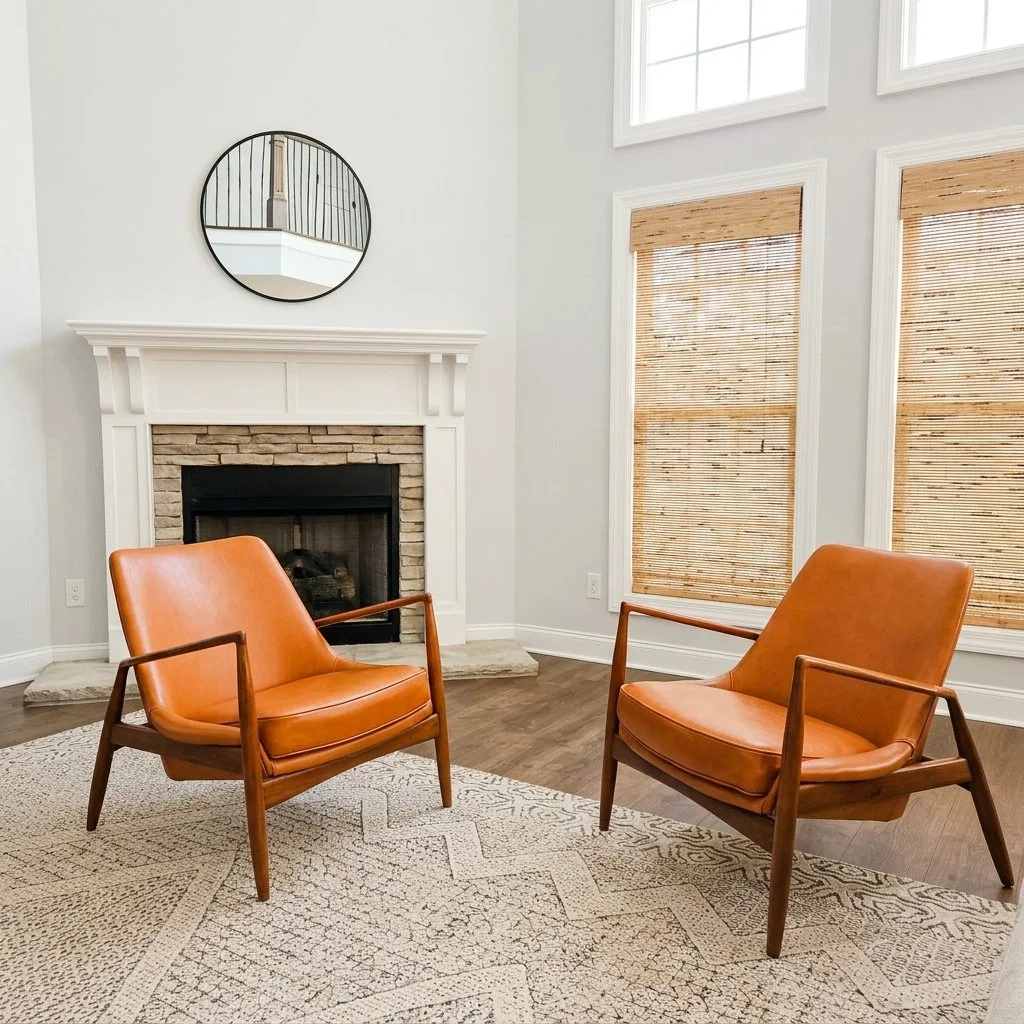 Pair of restored Seal lounge chairs with cognac leather upholstery and walnut frames displayed in a bright residential interior.