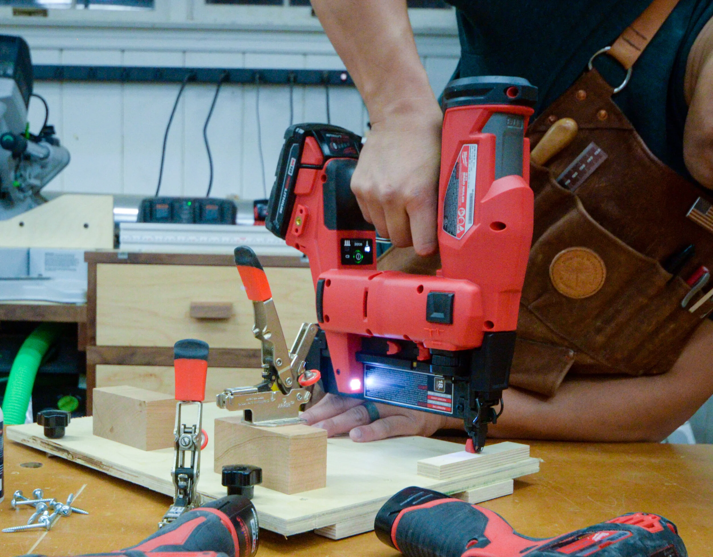 Using Milwaukee M18 brad nailer to attach stop blocks and support blocks