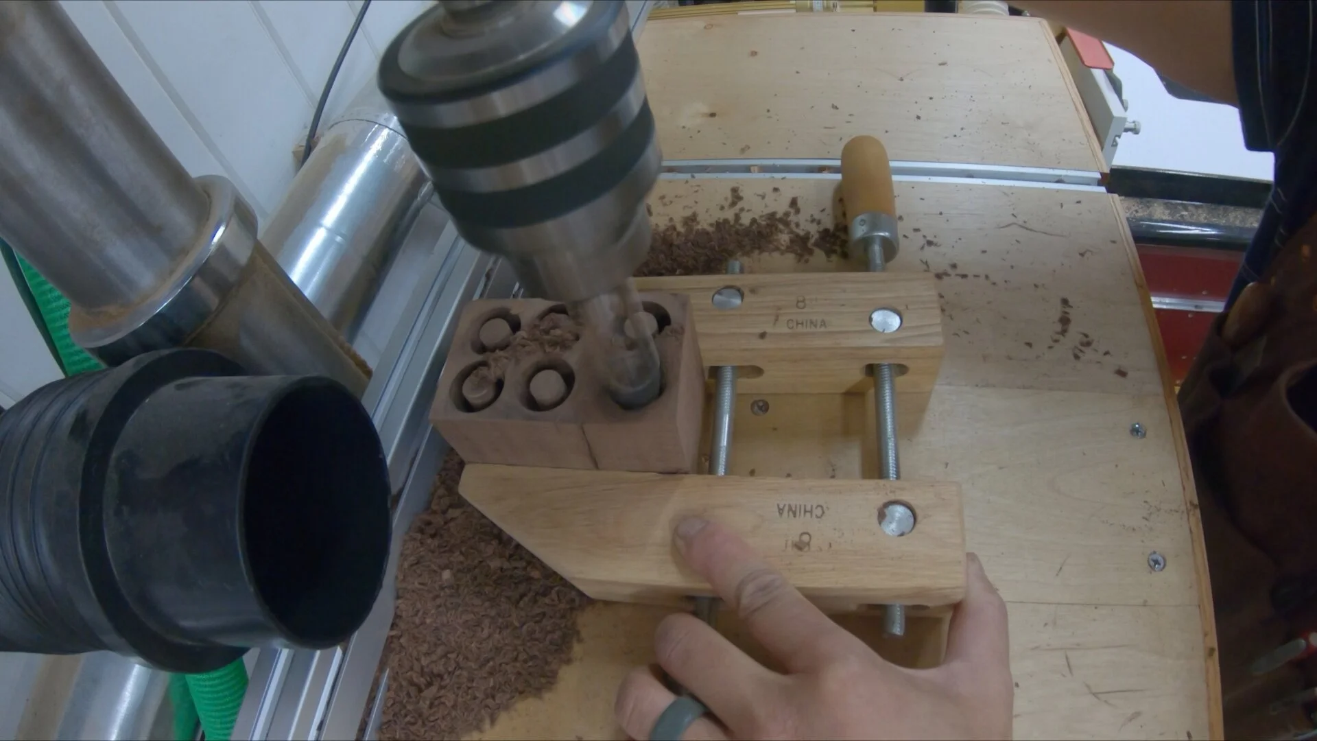 Drilling out the dowels on the drill press