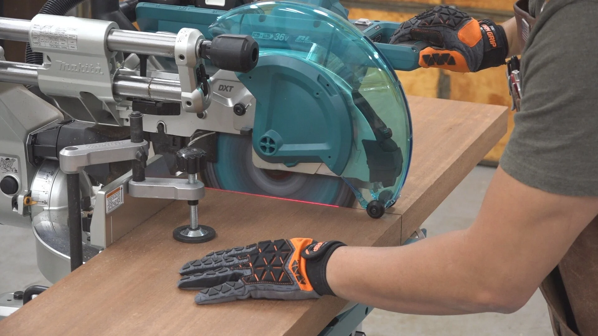 The hold down clamp ensures the board doesn’t move while cross cutting
