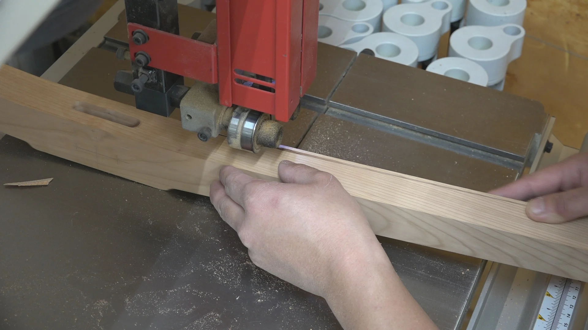I completed this cut on the bandsaw. This was a rough cut and would be refined with a block place, rasp, and sandpaper.