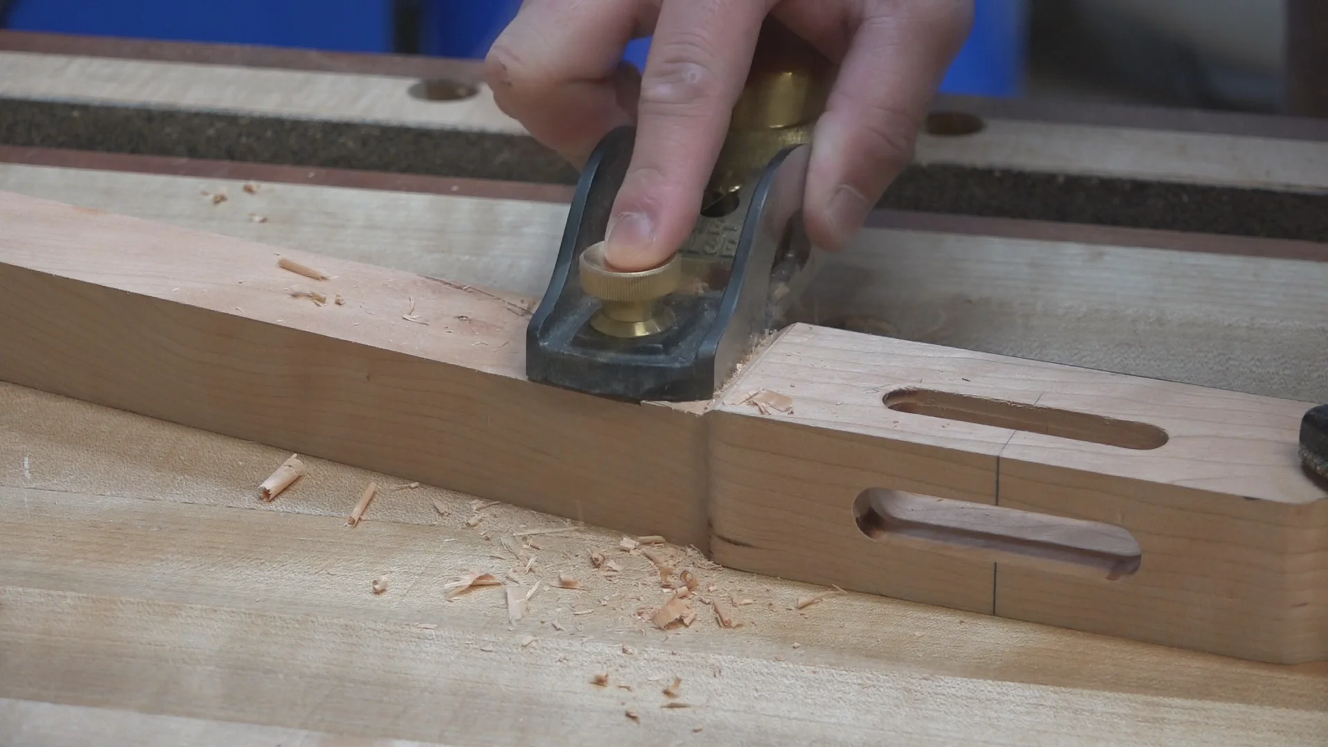 The block plane smooths the rough cut from the bandsaw to the more precise smother cut from the table saw.