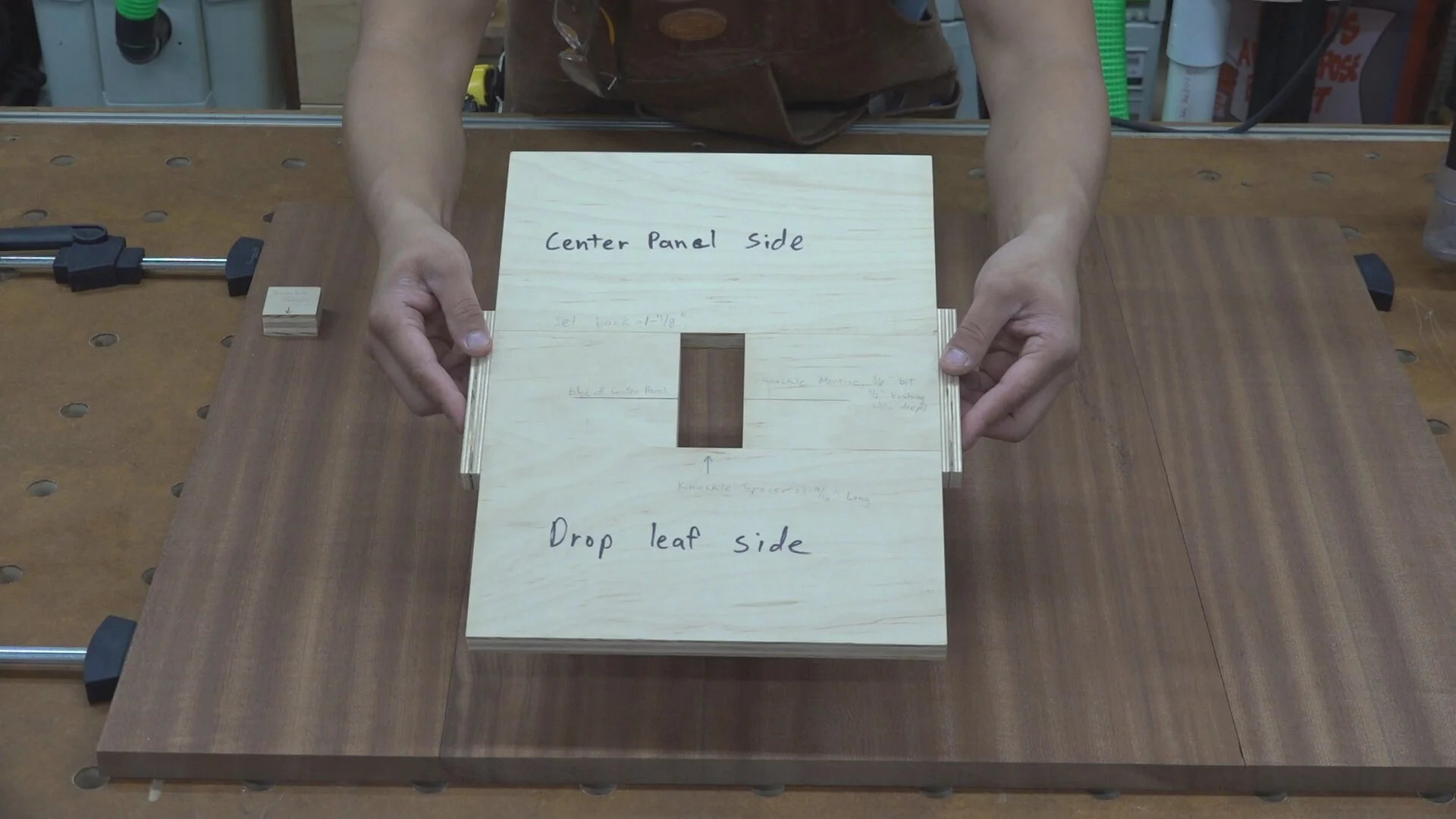 The template is nothing more than pieces of plywood glued together to create a pocket to match the exact size of the hinge.
