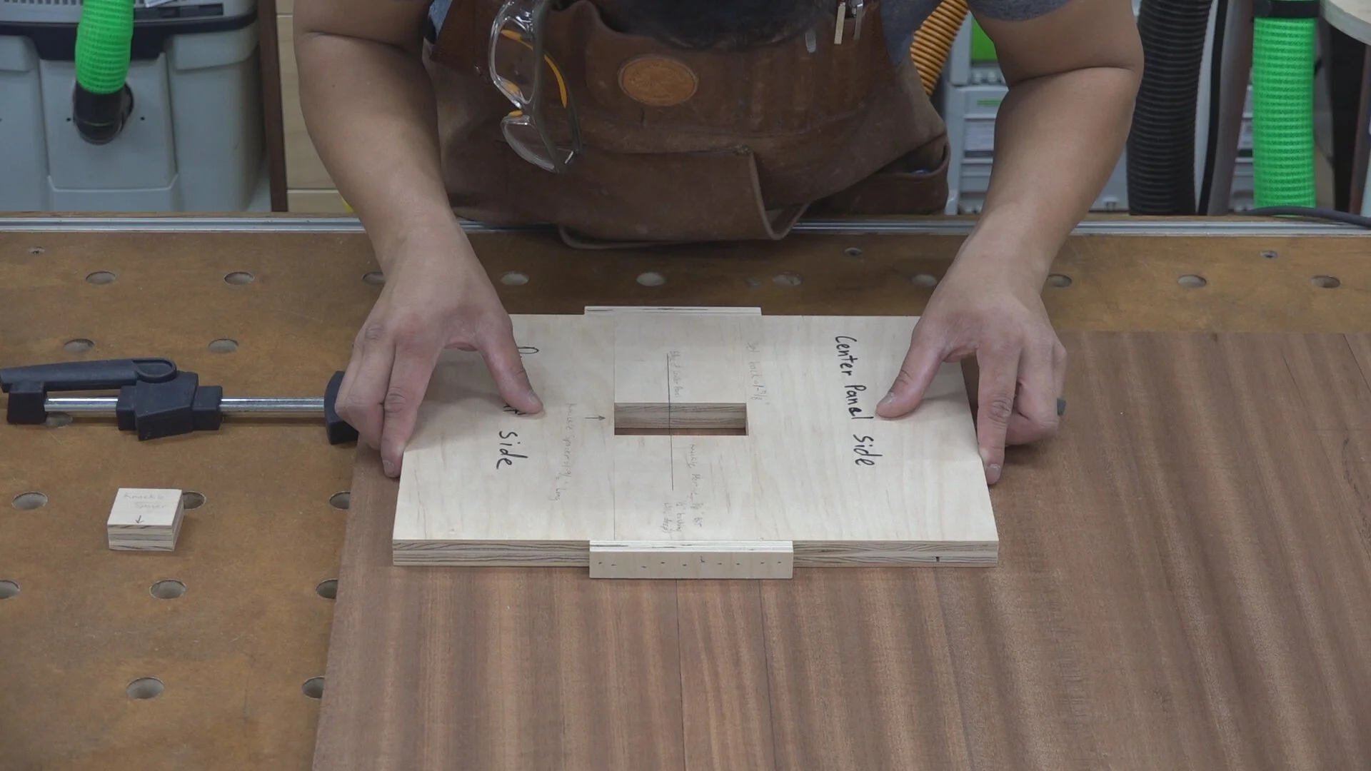 I align the setback edge of the template with the setback line marked on the center panel.