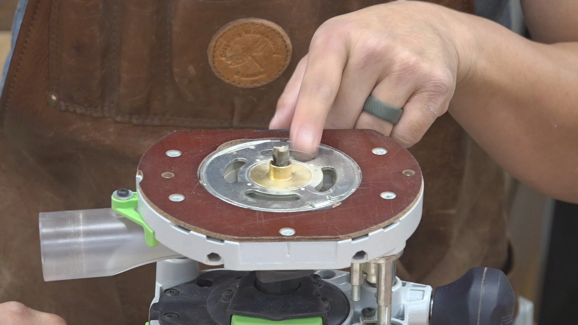 I’m using a 3/8” mortising bit inside of a 1/2” guide bushing to route the knuckle.