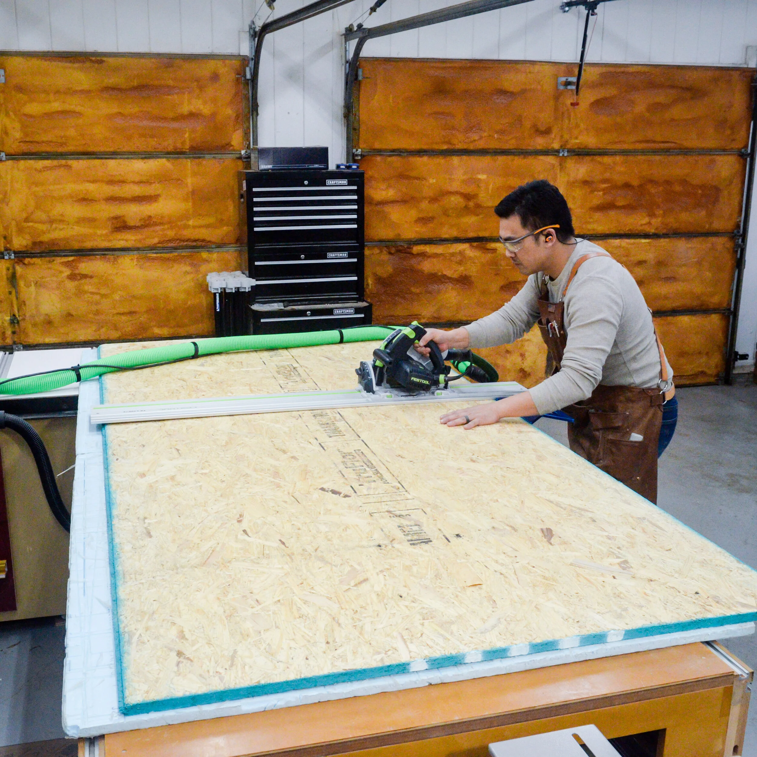 I first broke down a full sheet of OSB with a track saw. This made the OSB more manageable, where I can cut the sheet down more precisely at the table saw.