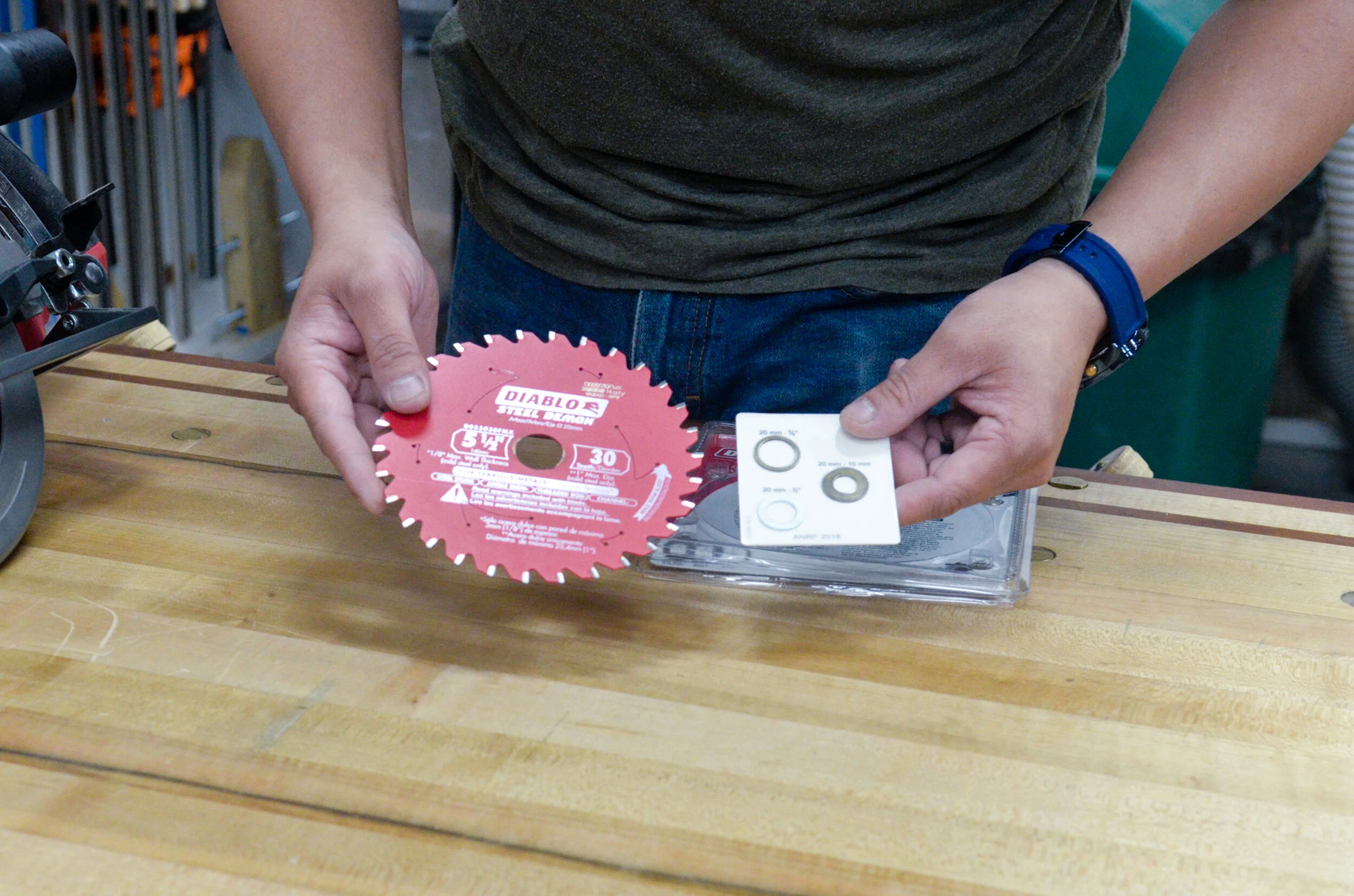 The Diablo metal cutting blade comes with three bushings to fit on a multitude of circular saws.