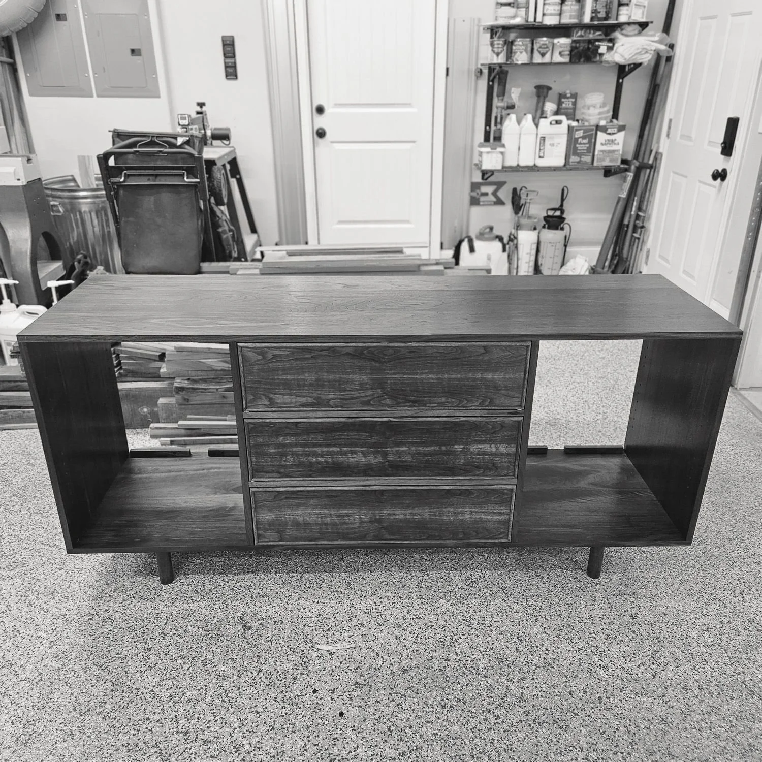 Modern Walnut Sideboard partially assembled in the workshop