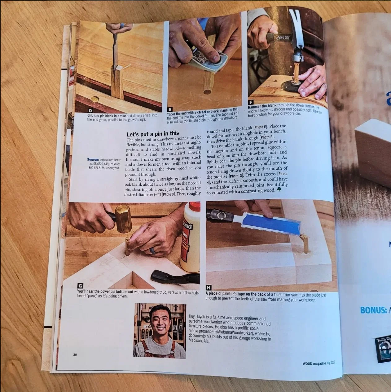 Open WOOD magazine spread showing Huy Huynh’s drawbore mortise-and-tenon article with step-by-step woodworking photos.