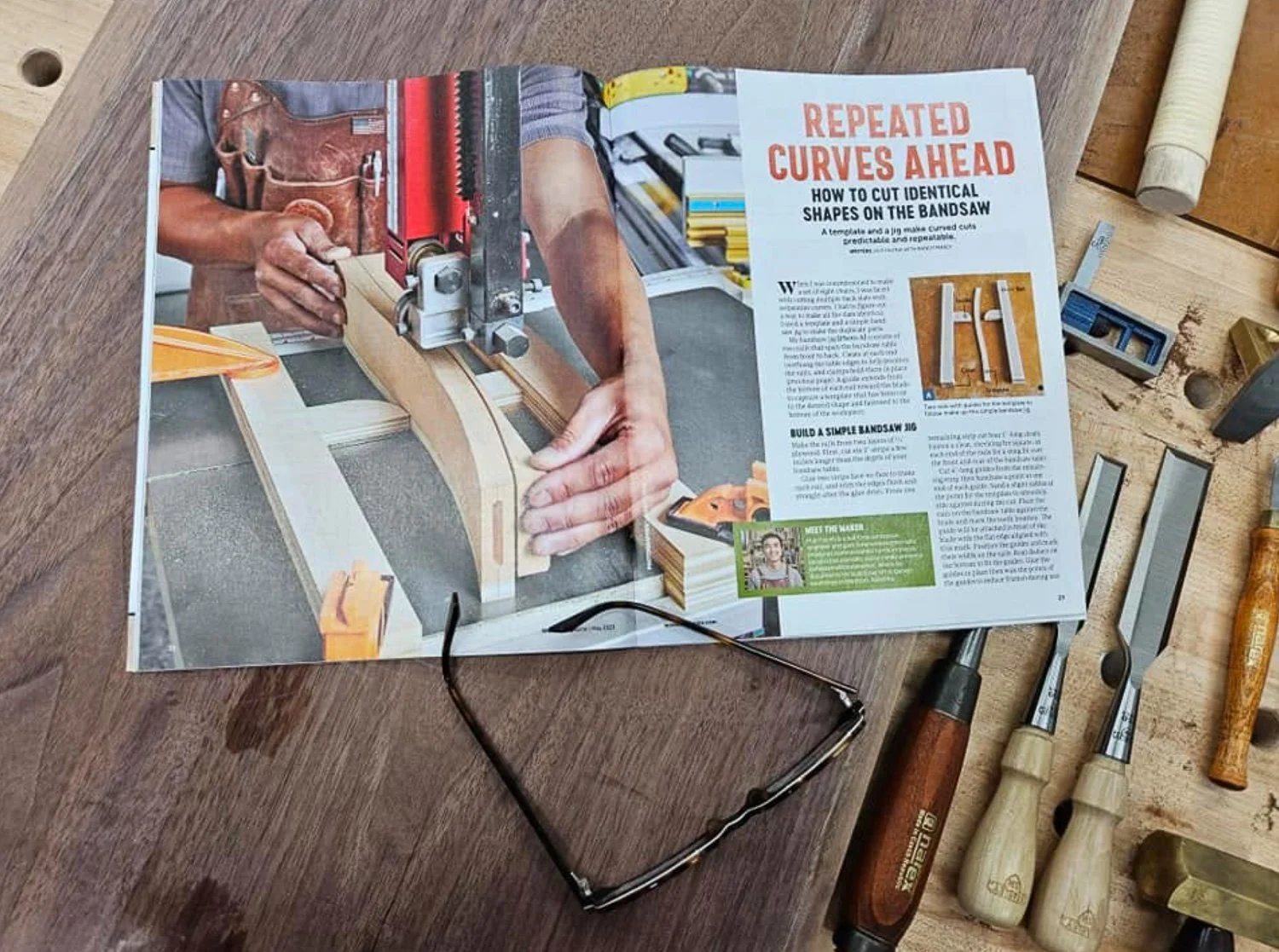 Open woodworking magazine spread titled “Repeated Curves Ahead,” showing a bandsaw jig article with woodworking tools beside it.