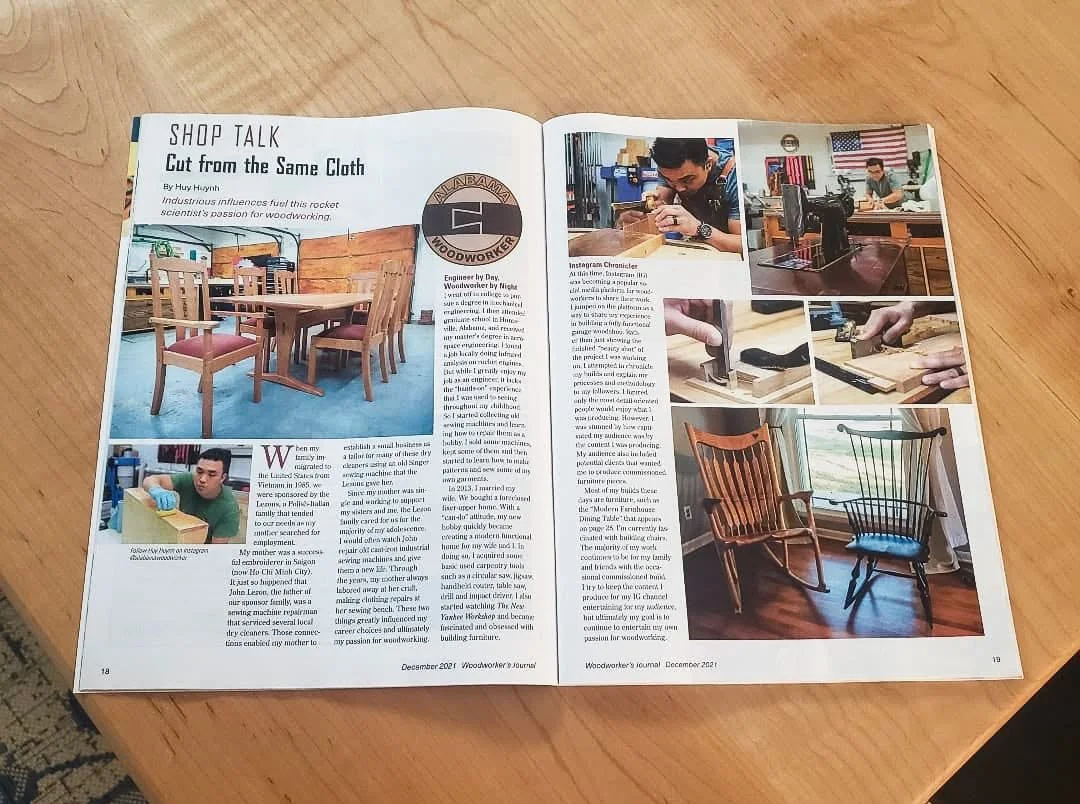 Open Woodworker’s Journal “Shop Talk” profile featuring Huy Huynh, his furniture, and woodworking process.