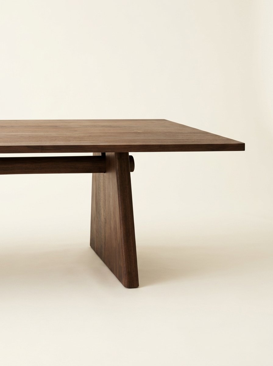 Close-up of the handmade walnut dining table showing the tabletop edge, angled support, stretcher, and projecting joinery detail.