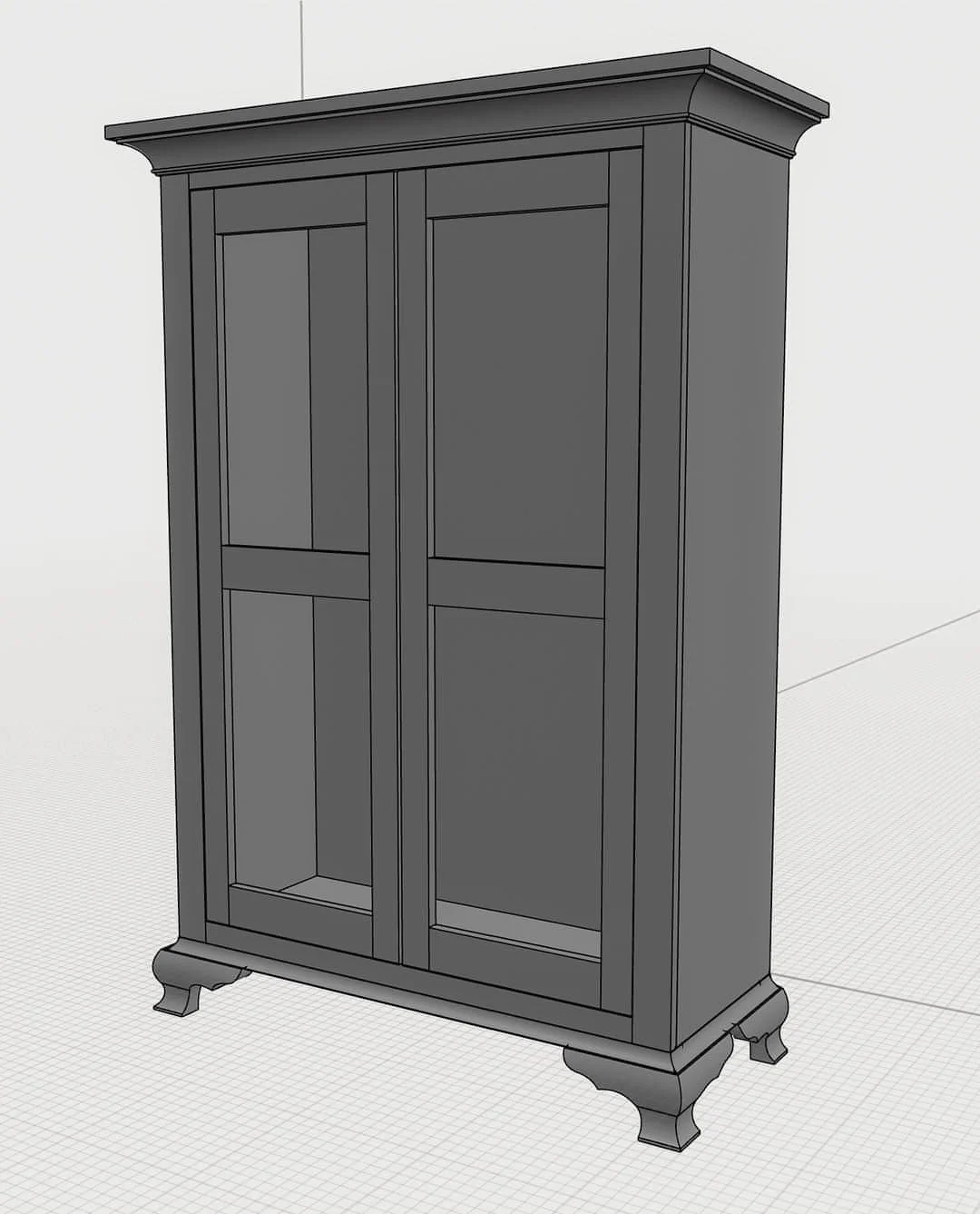 Digital 3D model of the Masterworks china cabinet showing its overall proportions, crown molding, doors, and bracket feet.