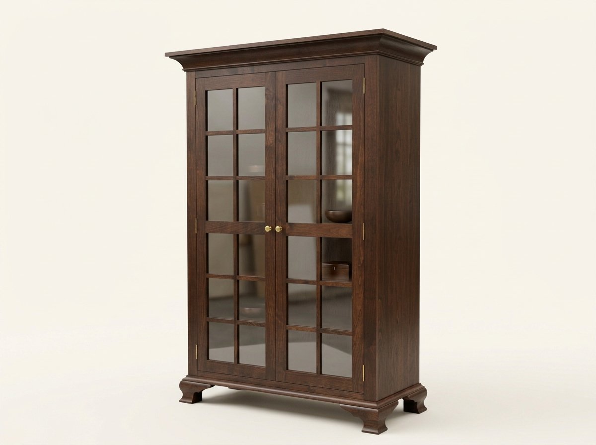 Angled view of the handmade walnut Masterworks china cabinet showing the glass doors, brass hardware, side panel, and shaped feet.