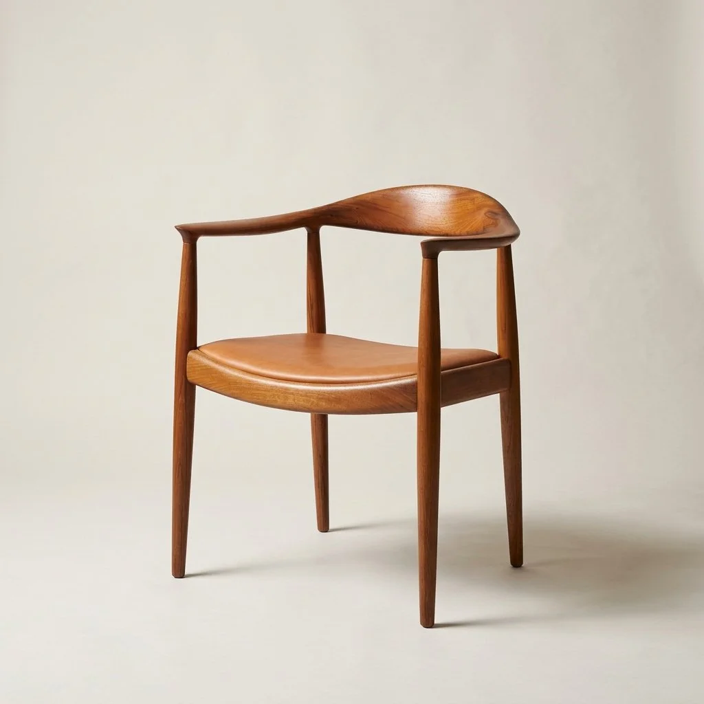 Angled view of the restored Hans J. Wegner JH 503 chair showing the sculpted oak arms, curved backrest, and leather seat.
