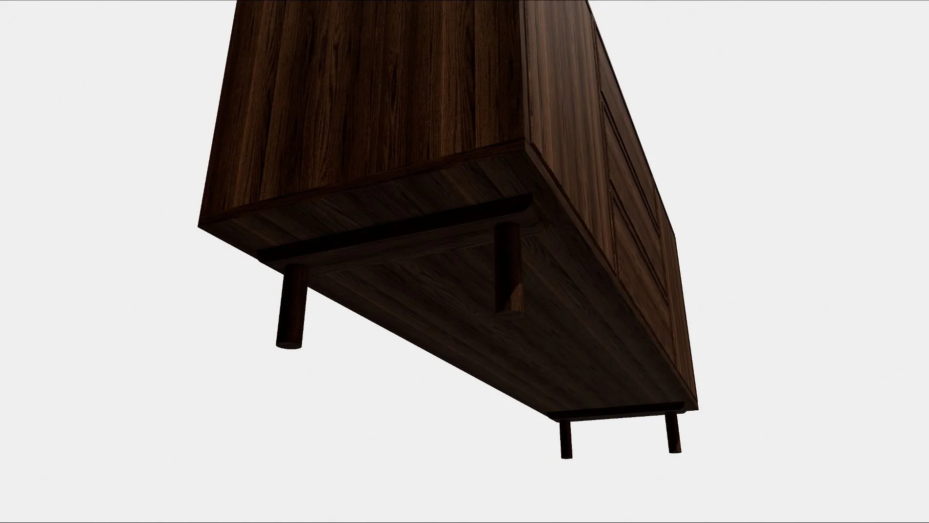3D rendering showing the underside and legs of the Modern Walnut Sideboard