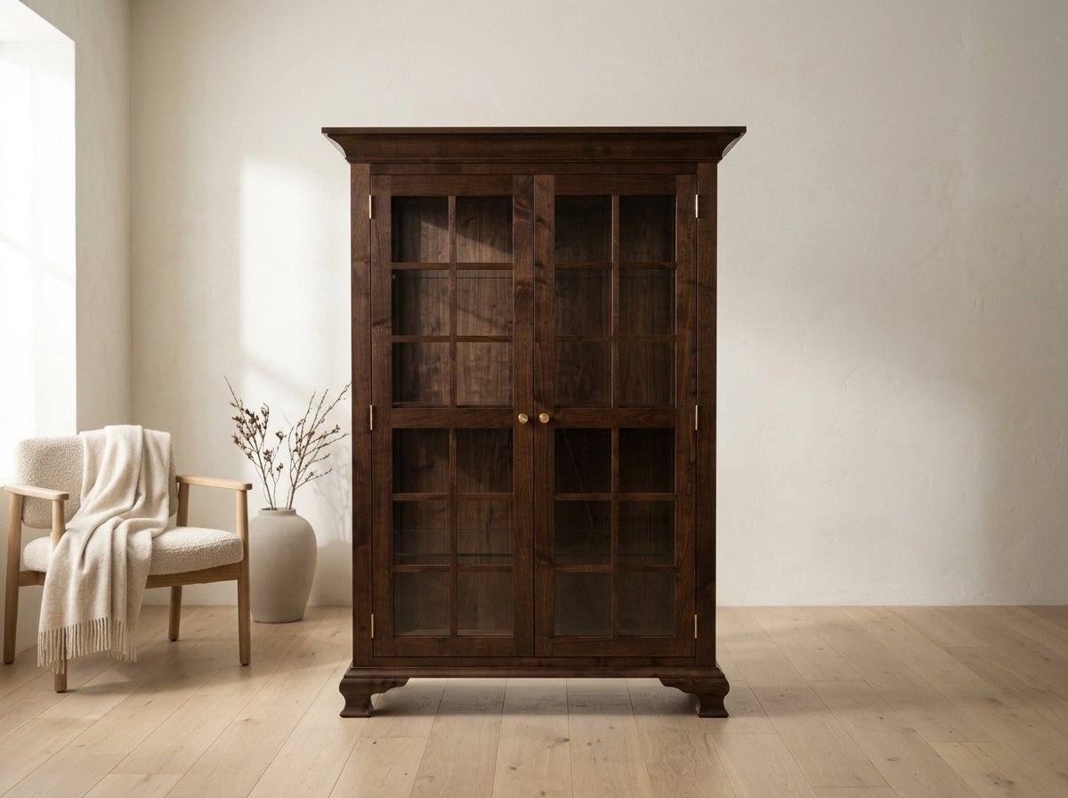 Handmade walnut Masterworks china cabinet displayed in a warm, minimalist interior with light wood flooring and soft natural light.