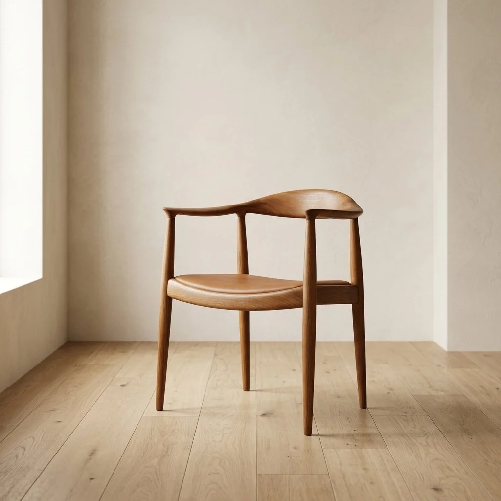 Restored Hans J. Wegner JH 503 chair displayed in a warm minimalist interior with soft natural light.