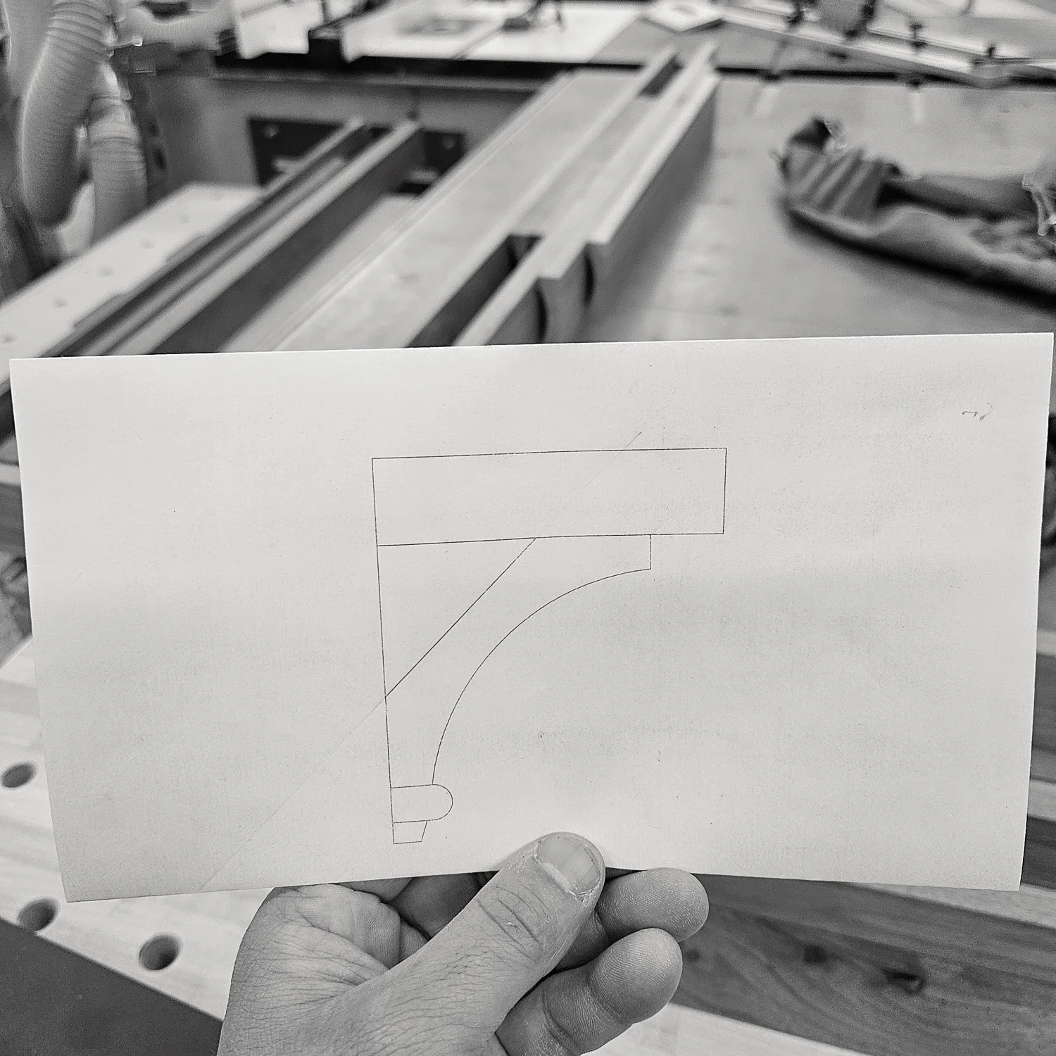 Printed profile drawing used to develop a curved bracket-foot detail for the Masterworks china cabinet.