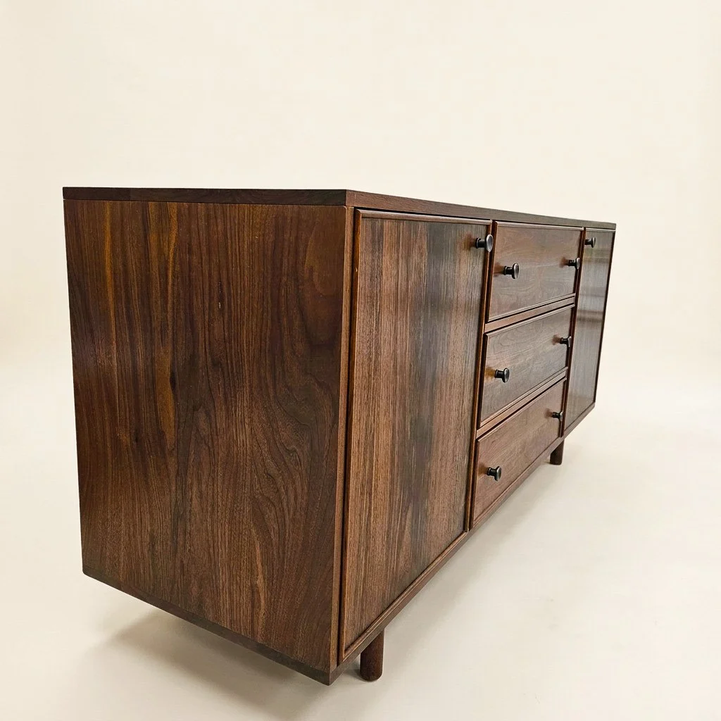 Angled view of the handmade walnut sideboard