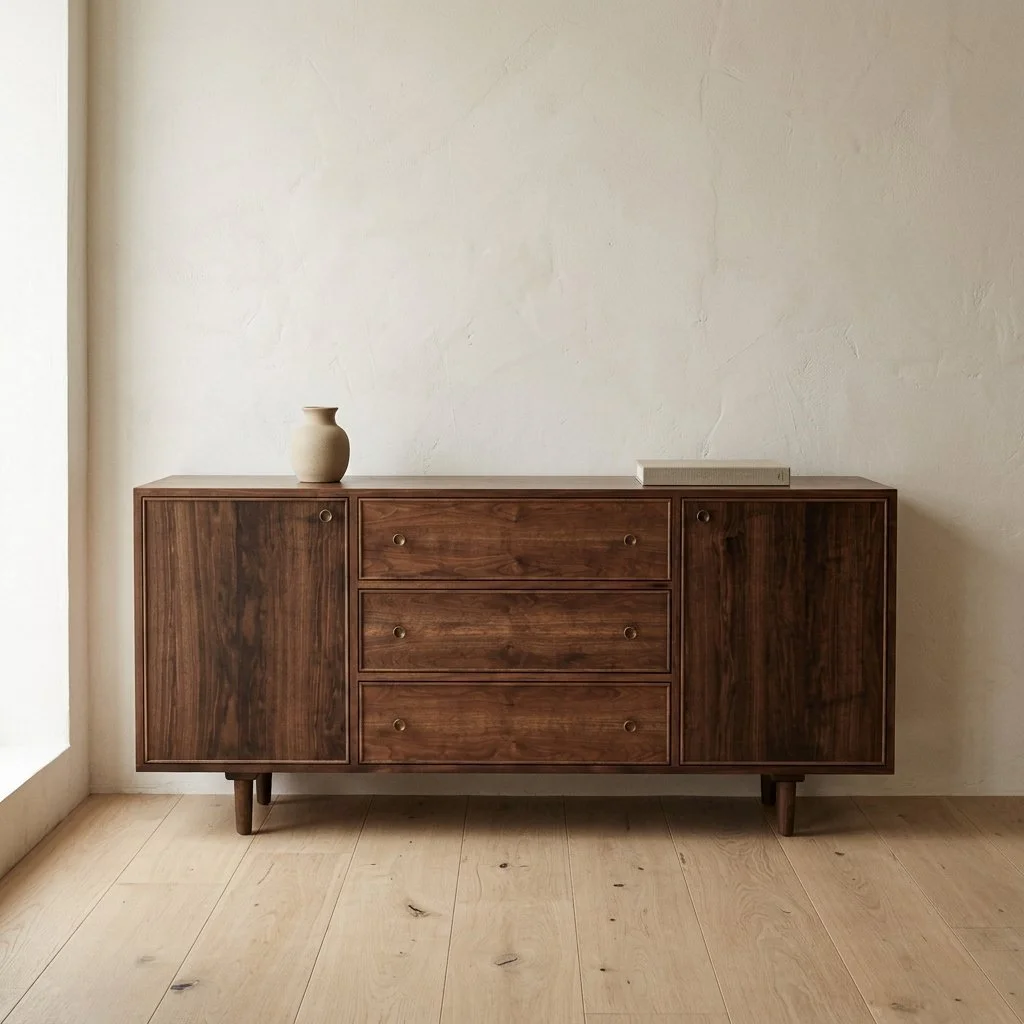 Handmade walnut sideboard displayed in a warm minimalist interior with light wood flooring and soft natural light.