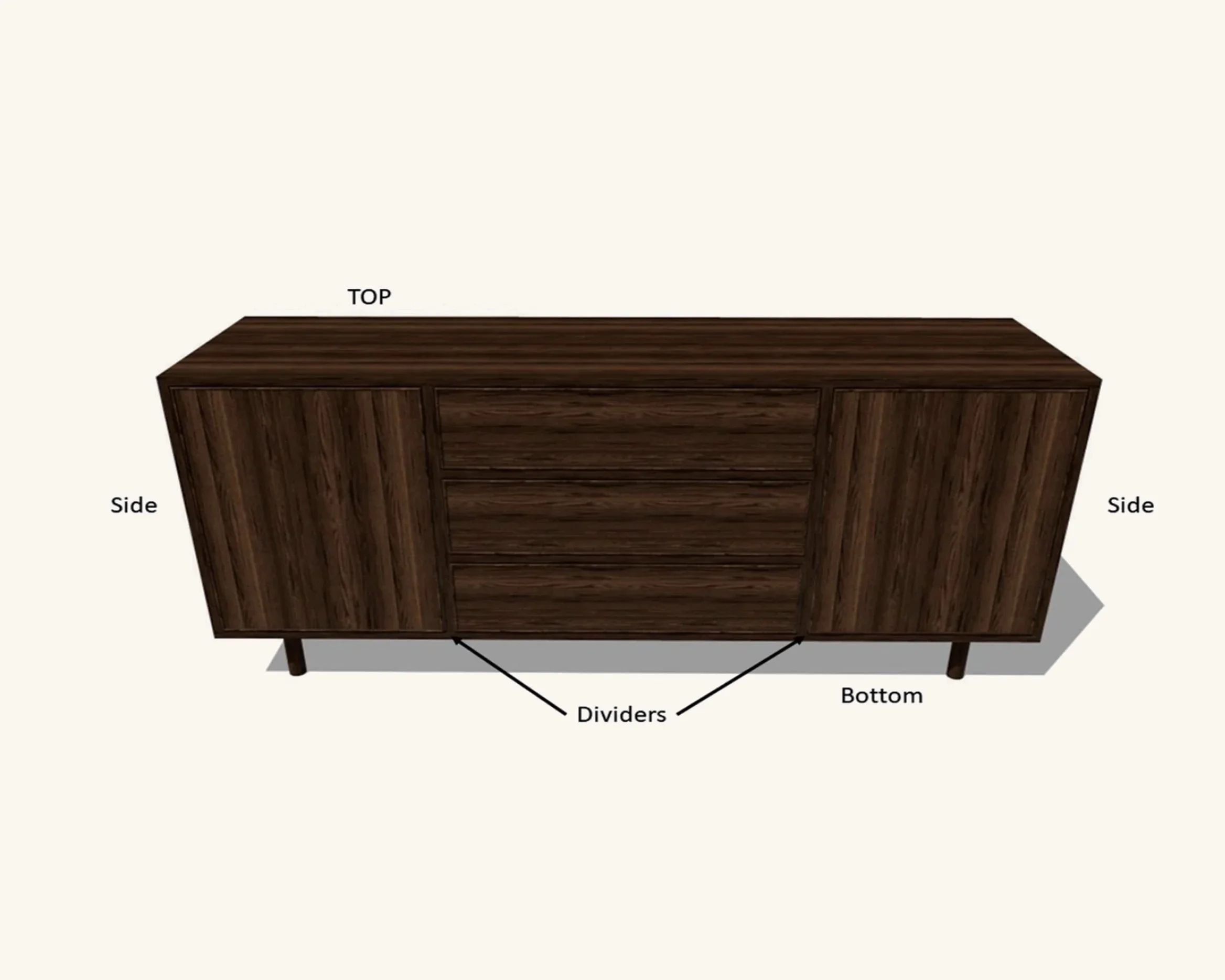 Walnut sideboard design rendering with labeled cabinet components.