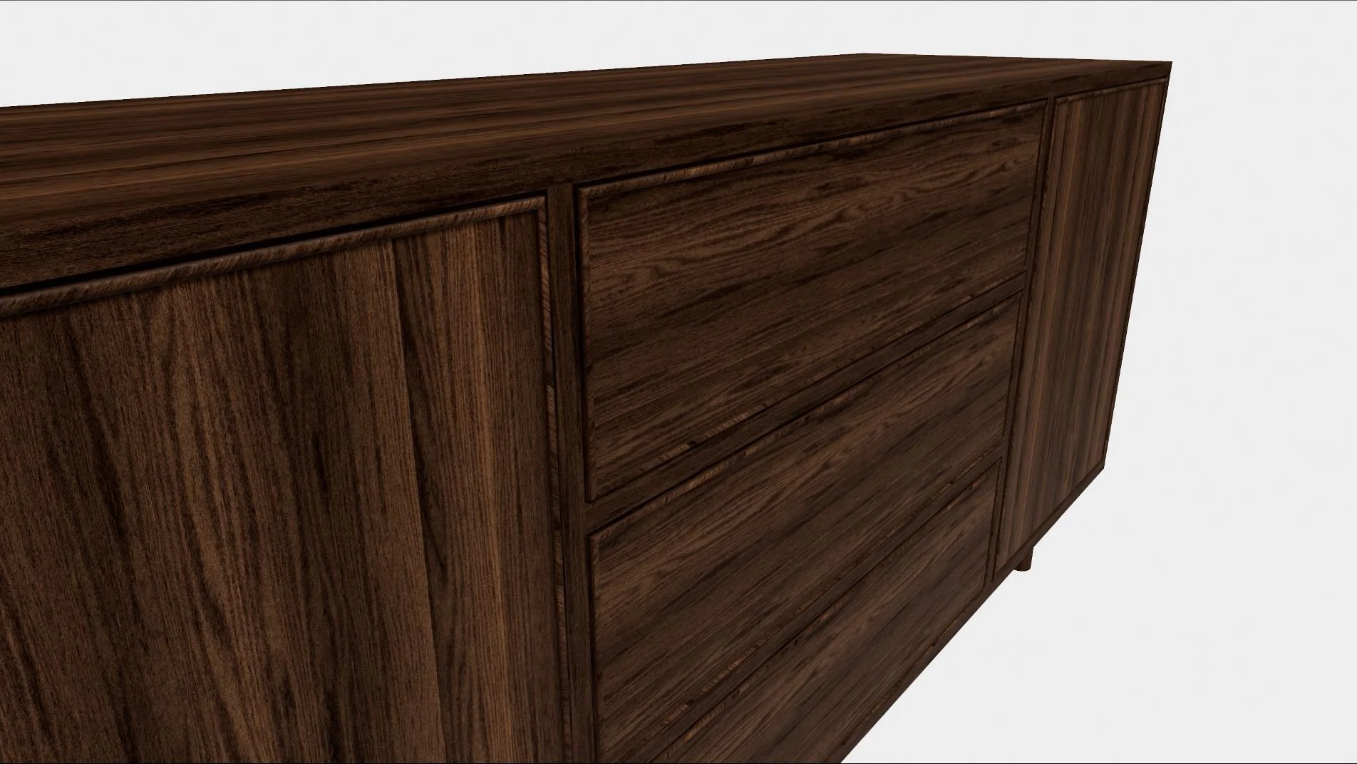 Close-up 3D rendering of the front panels and drawers of the Modern Walnut Sideboard