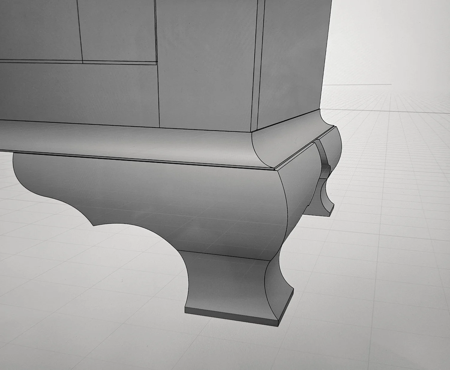 Digital design detail of the sculpted ogee bracket foot used on the Masterworks china cabinet.
