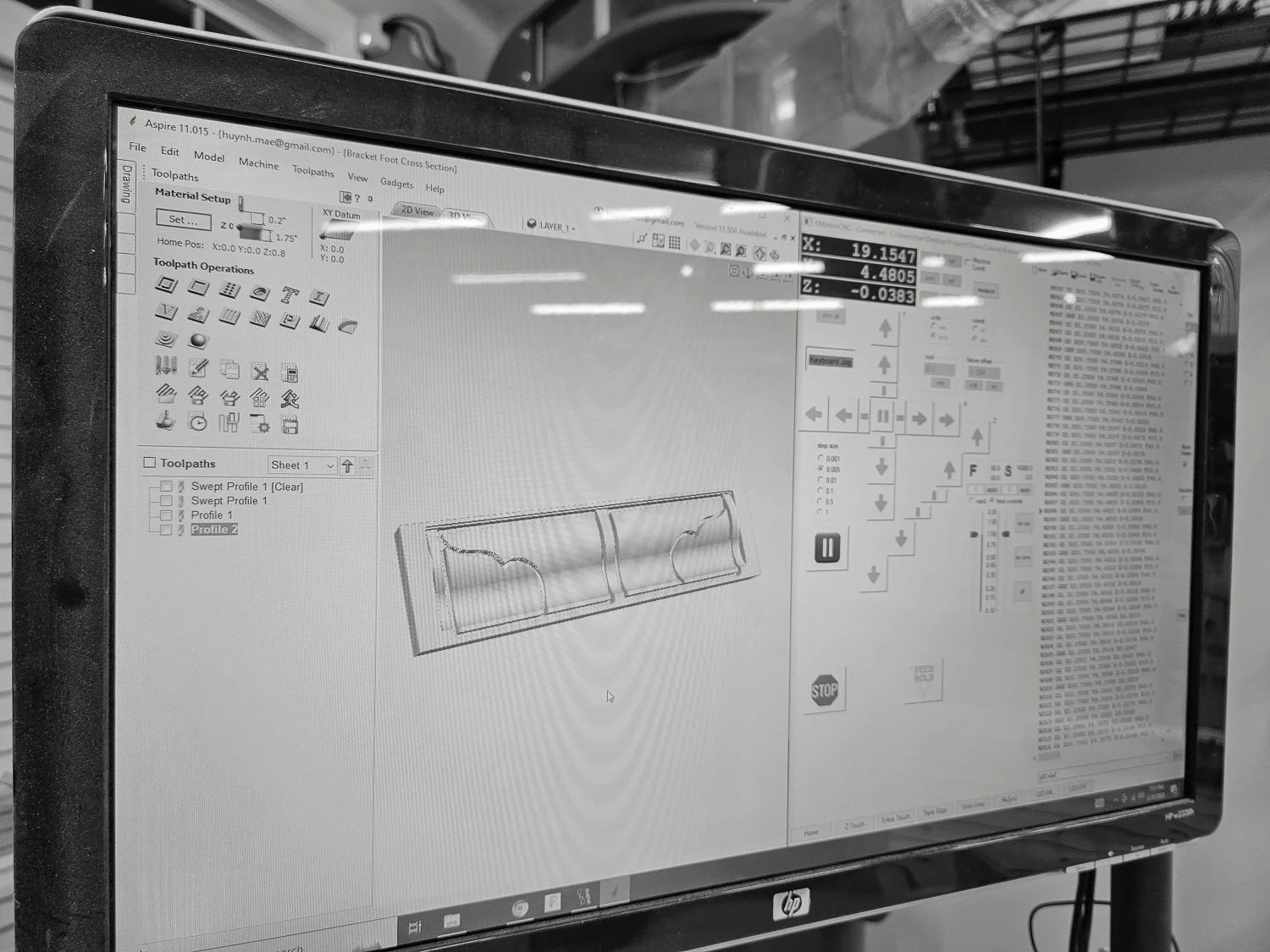 CNC toolpath setup for shaping a bracket-foot component for the Masterworks china cabinet.