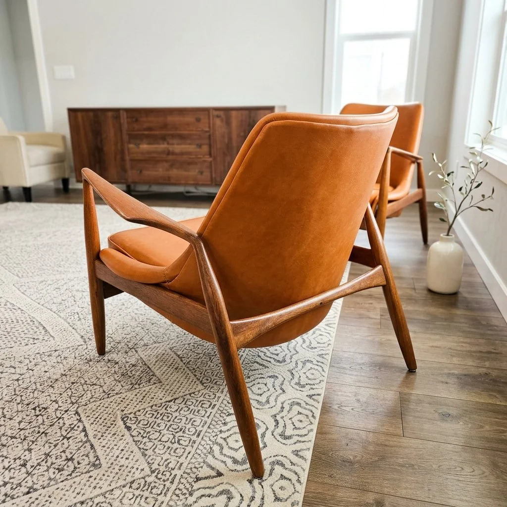 Rear three-quarter view of the restored Seal lounge chair showing the cognac leather back, sculpted walnut frame, and rear support details.