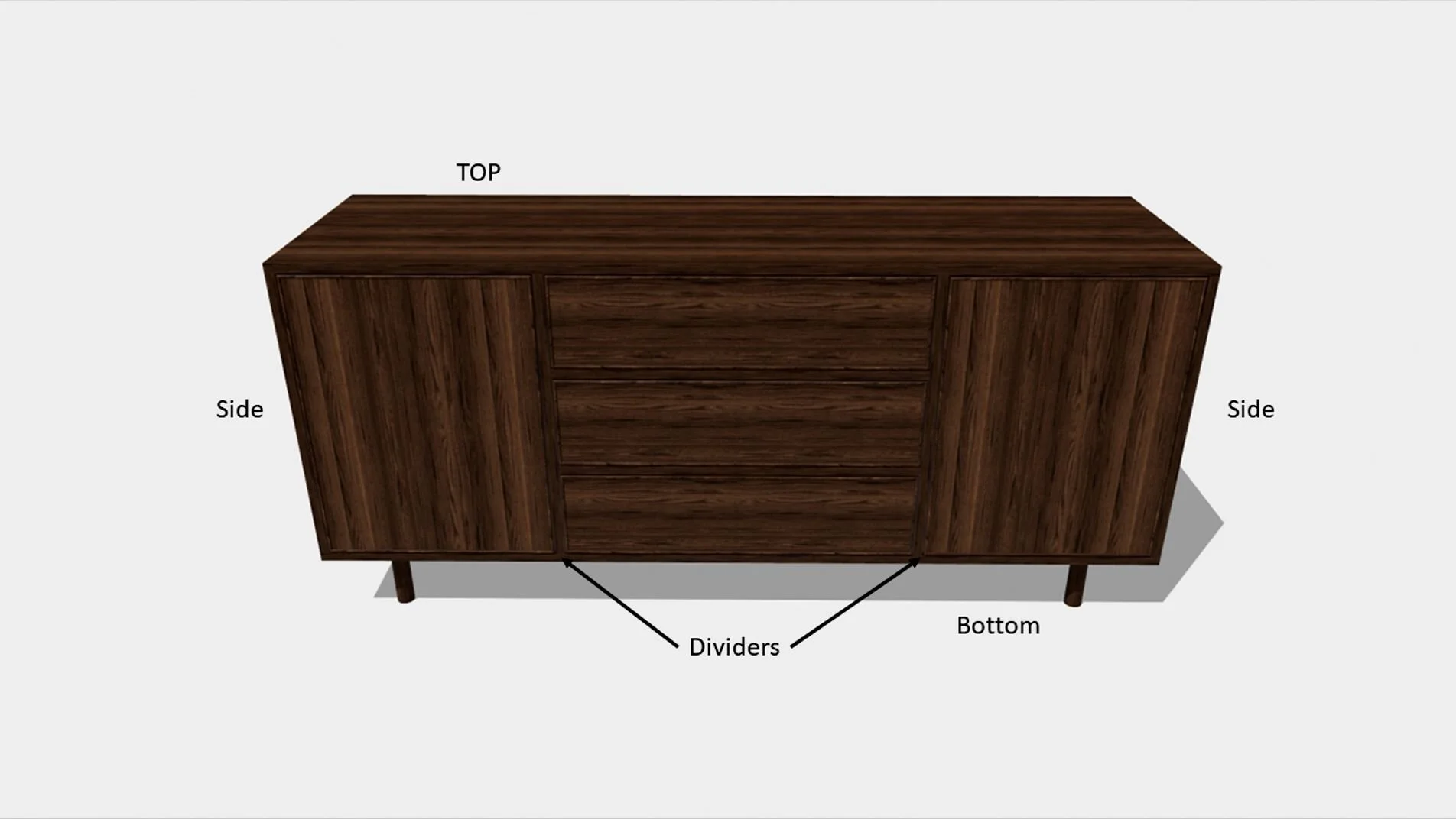 Annotated 3D rendering showing the top, sides, bottom, and dividers of the Modern Walnut Sideboard