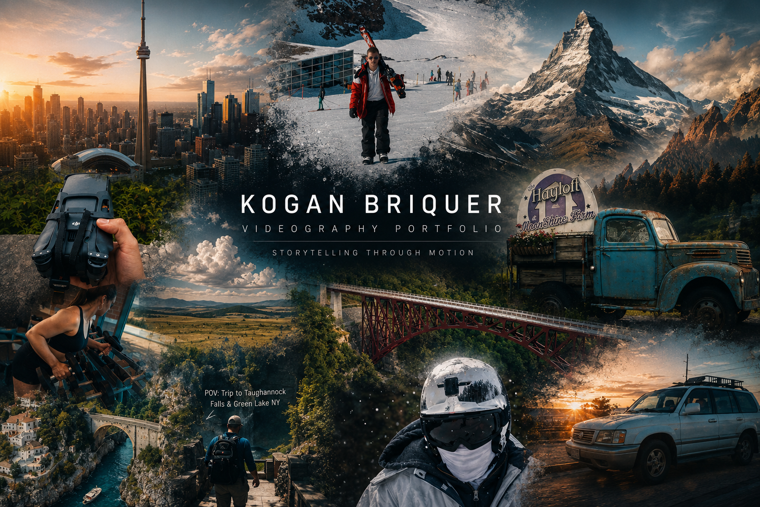 Collage of various travel and outdoor scenes including a city skyline at sunset, a skier on snow, a vintage truck, a mountain range, a person with a drone, a person playing foosball outdoors, and a person wearing a helmet and face mask, with the text "Kogan Briquer Videography Portfolio" and "Storytelling Through Motion".
