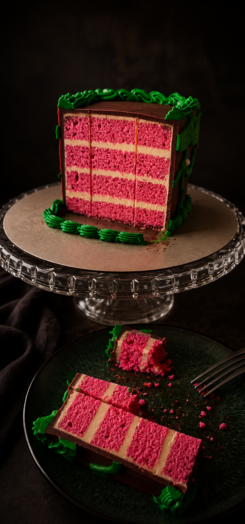 Slice of pink layered cake with white filling and green frosting decoration.