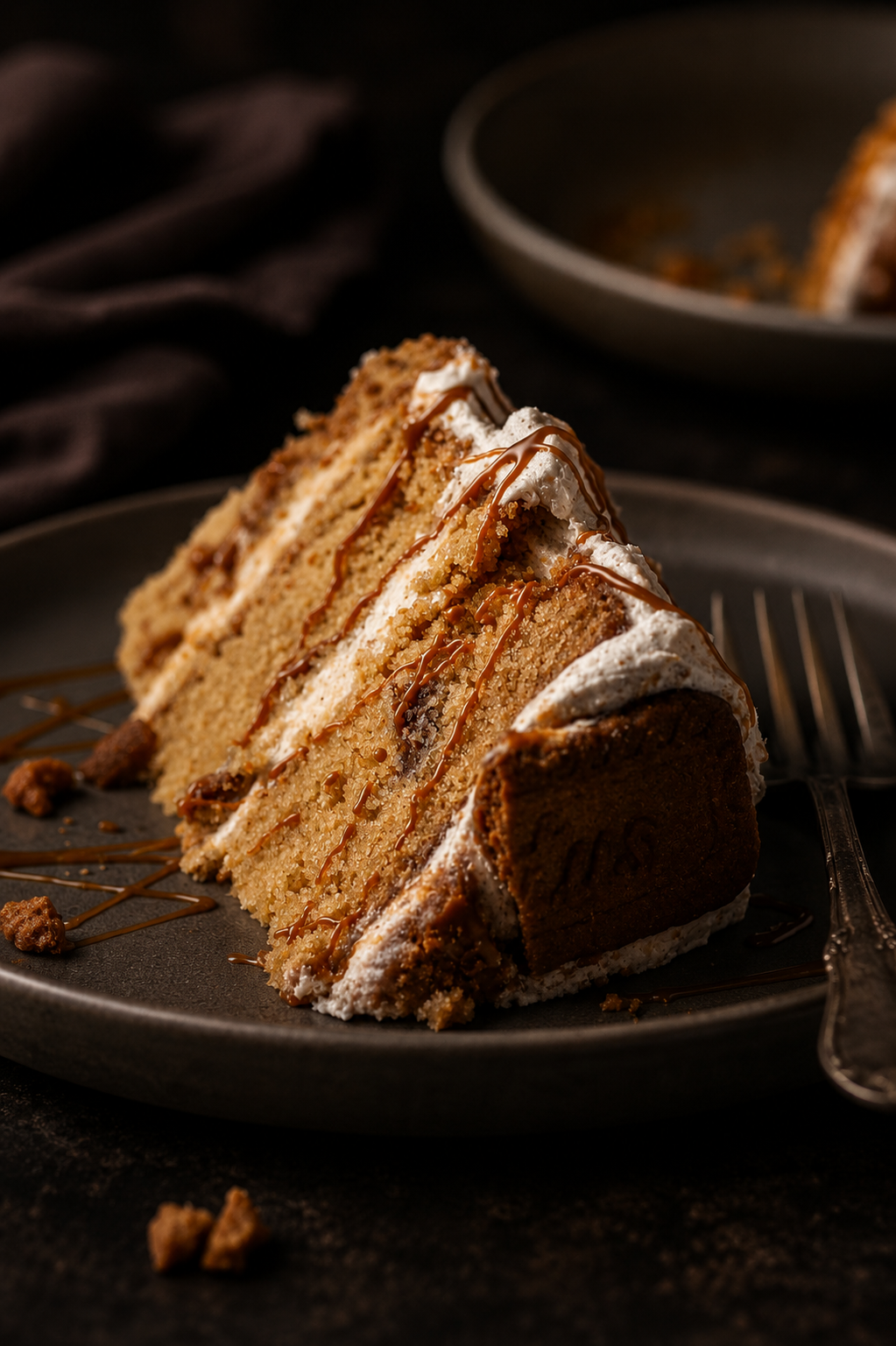 Slice of biscoff cake with buttercream and caramel drizzle on a dark plate.