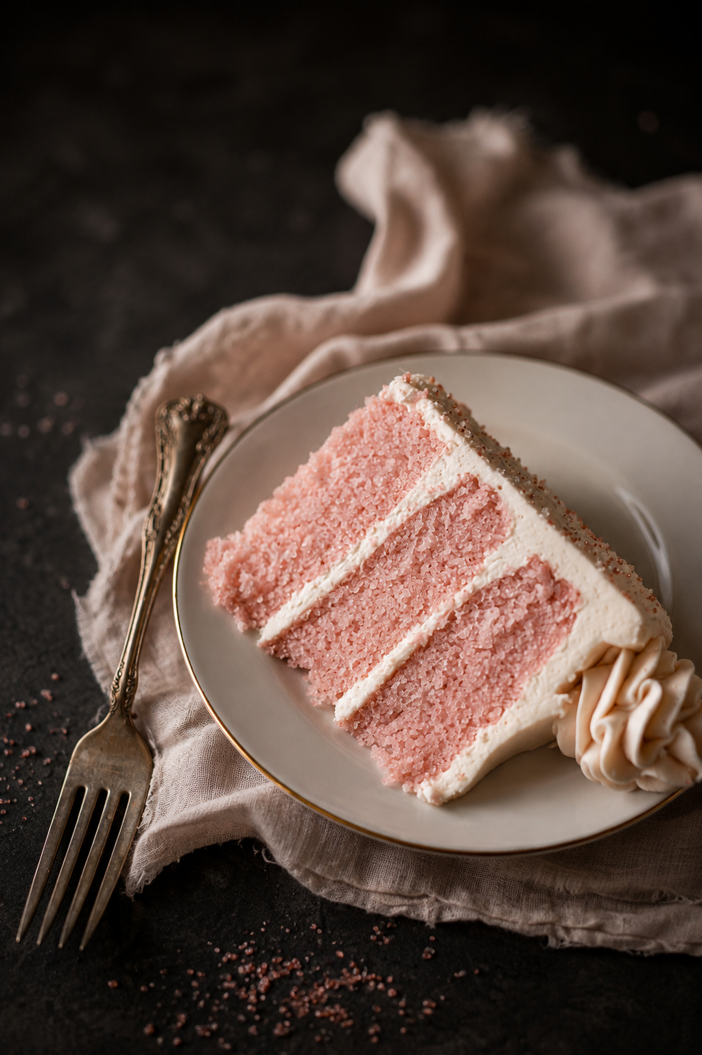 Slice of Pink Champagne layer cake with pink sponge and silky white buttercream.