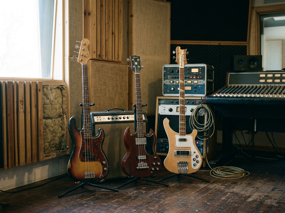 Three electric bass guitars on stands in a recording studio with audio equipment, speakers, and a mixing console.