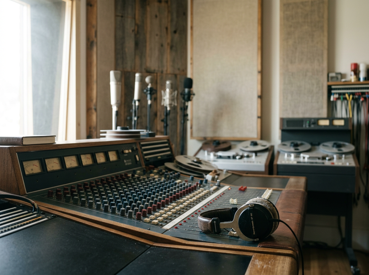 Recording studio with audio mixing console, microphones, reel-to-reel tape recorders, and headphones.