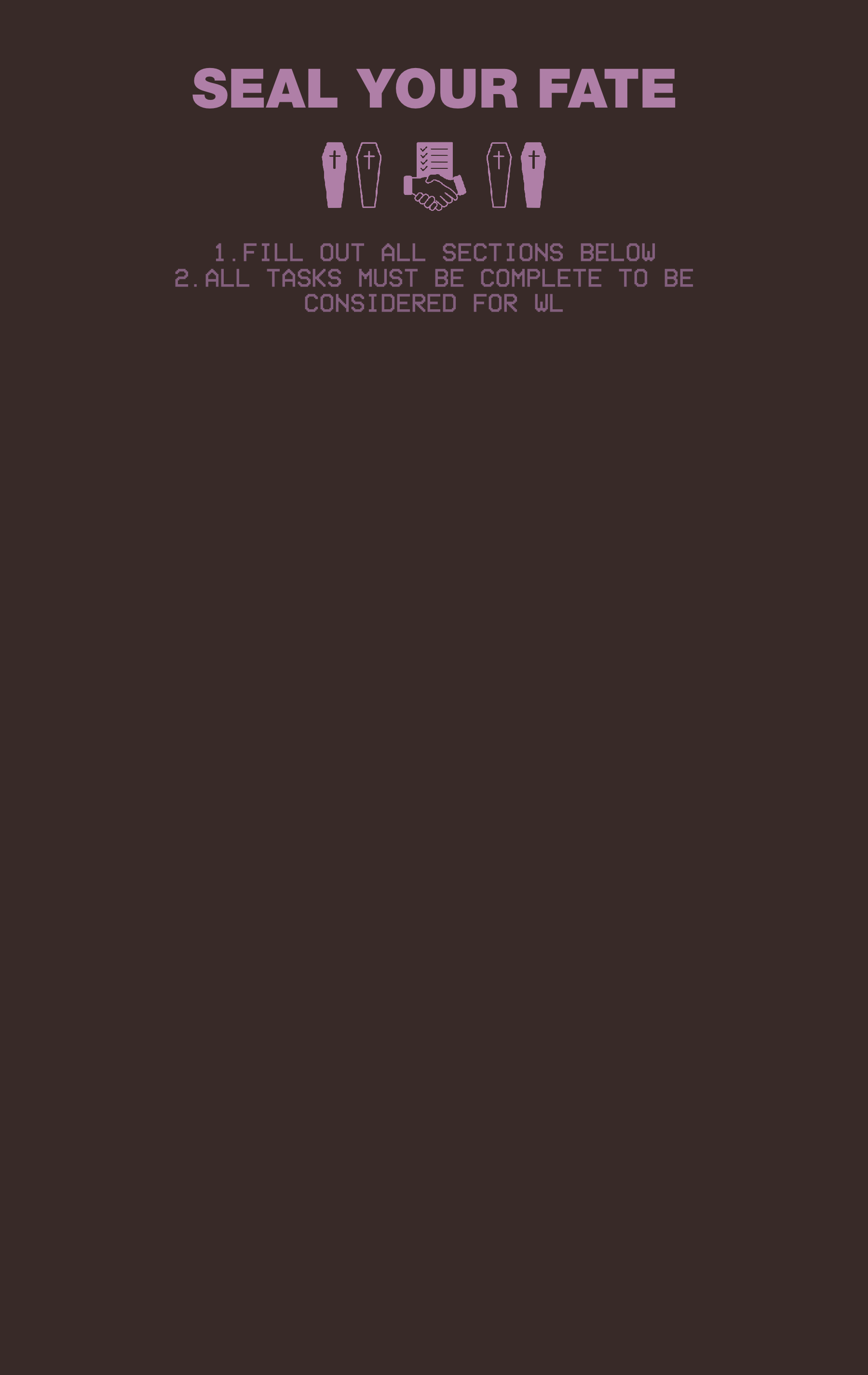 A digital graphic with a dark background and purple text that says 'Seal Your Fate'. It includes icons of coffins, a document, and a handshake.