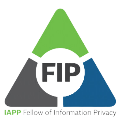 Logo of FIP, a triangle divided into three colored sections (green, gray, blue) with the words 'Fellow of Information Privacy' below.