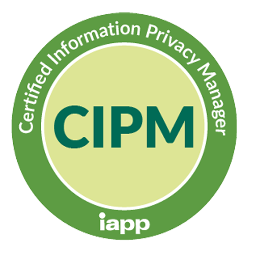 Circular badge with a green outer ring and a light green center, displaying 'CIPM' in large green letters, with 'Certified Information Privacy Manager' around the top and 'iapp' at the bottom.