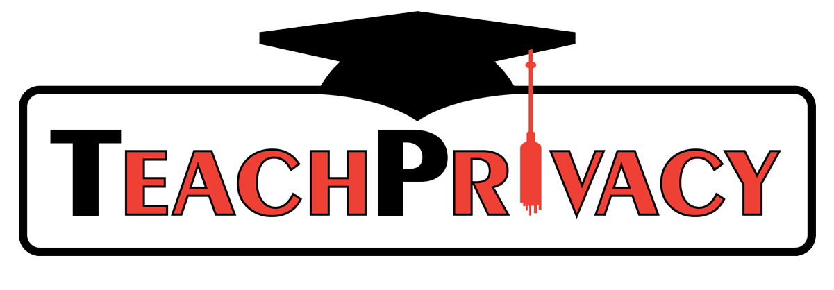 Graphic of an open book with the word 'TEACH PRIVACY' in bold letters, with the letter 'I' replaced by a red key lock symbol.