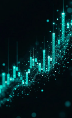 Digital stock market chart with upward trending data points and glowing vertical bars on a dark background.